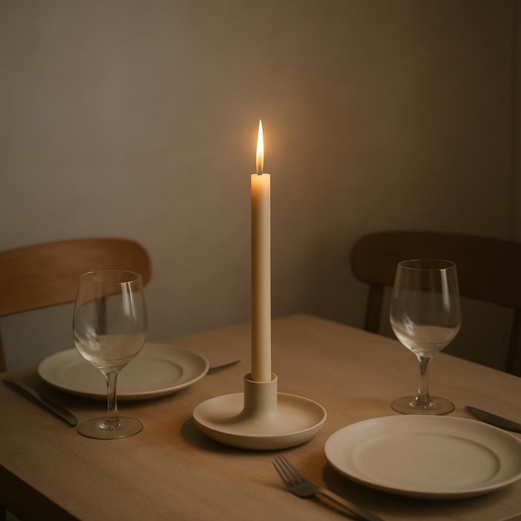 A candles burning, casting candlelight between place settings on a dining room table.