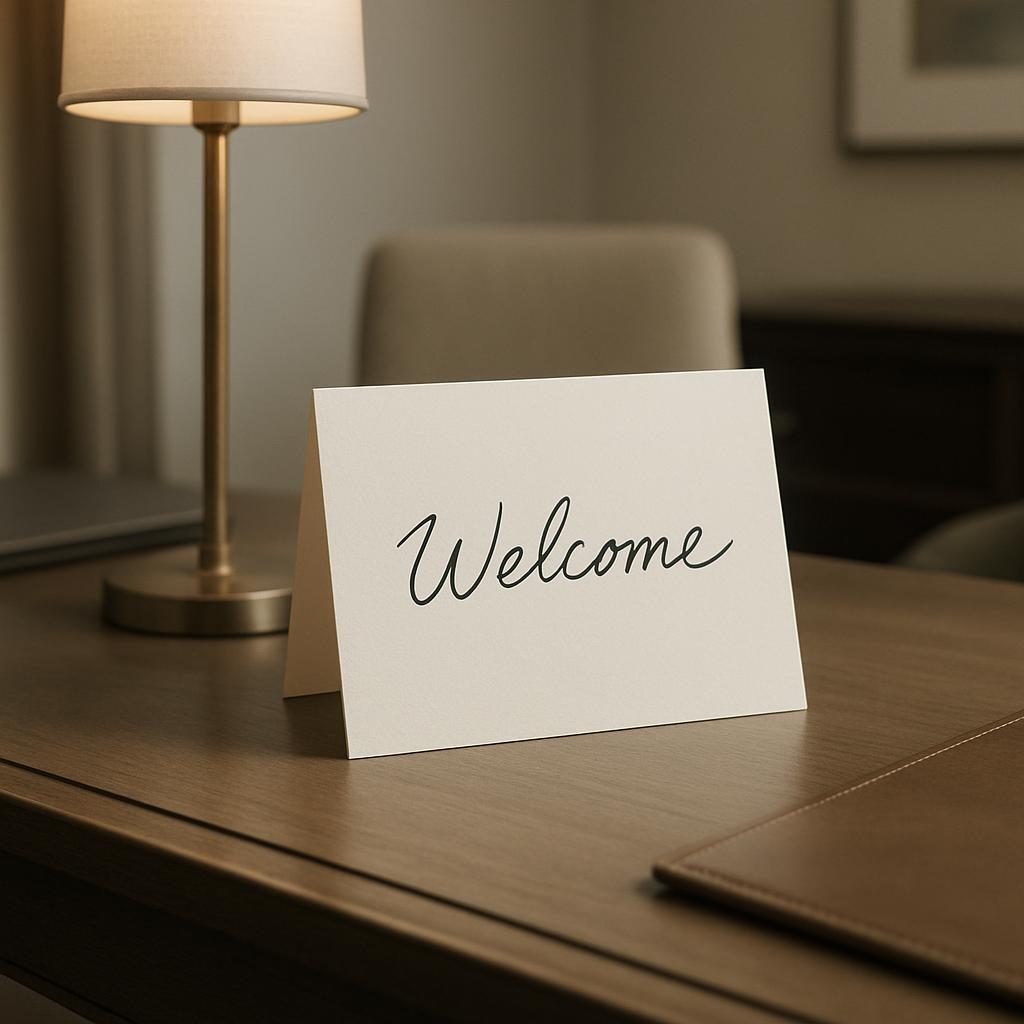 Welcome card on a desk This image depicts a simple welcome card on a brown wooden desk in front of a brown leather book ly...
