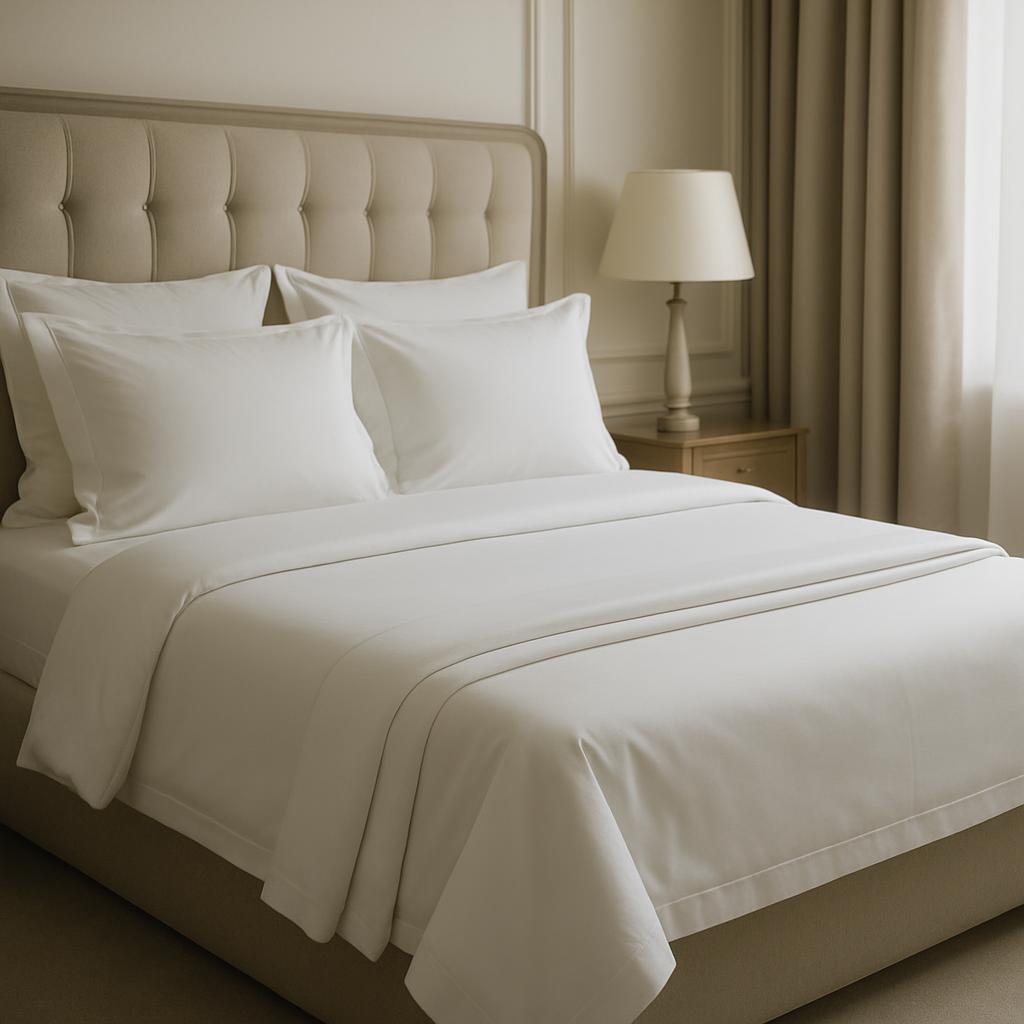 A large bed with white sheets, pillows, and blanket laid across it. The pillows and blanket are neatly placed atop a charc...